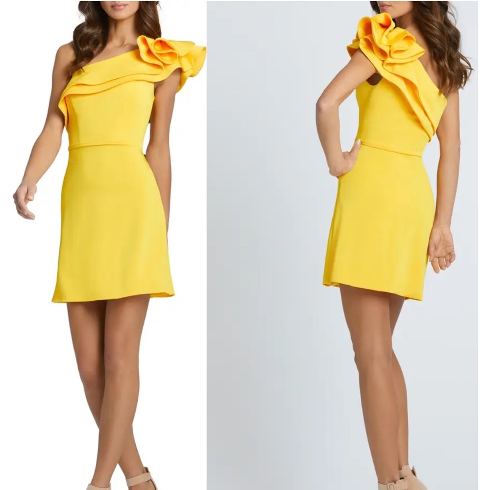 Ieena for mac duggal ruffle one shoulder mini yellow dress size 2